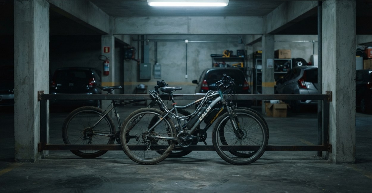 Bicicletário de garagem à noite com bikes elétricas presas por correntes grossas