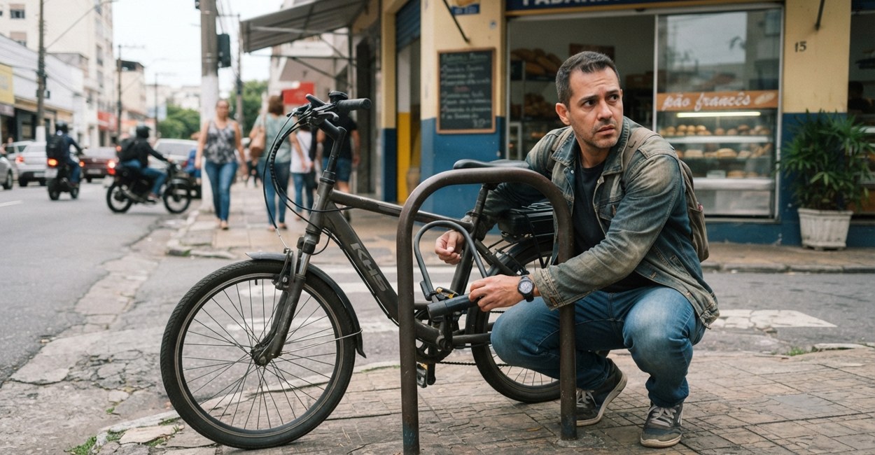 Homem prende a bike elétrica com cadeado em U num paraciclo em frente a uma padaria