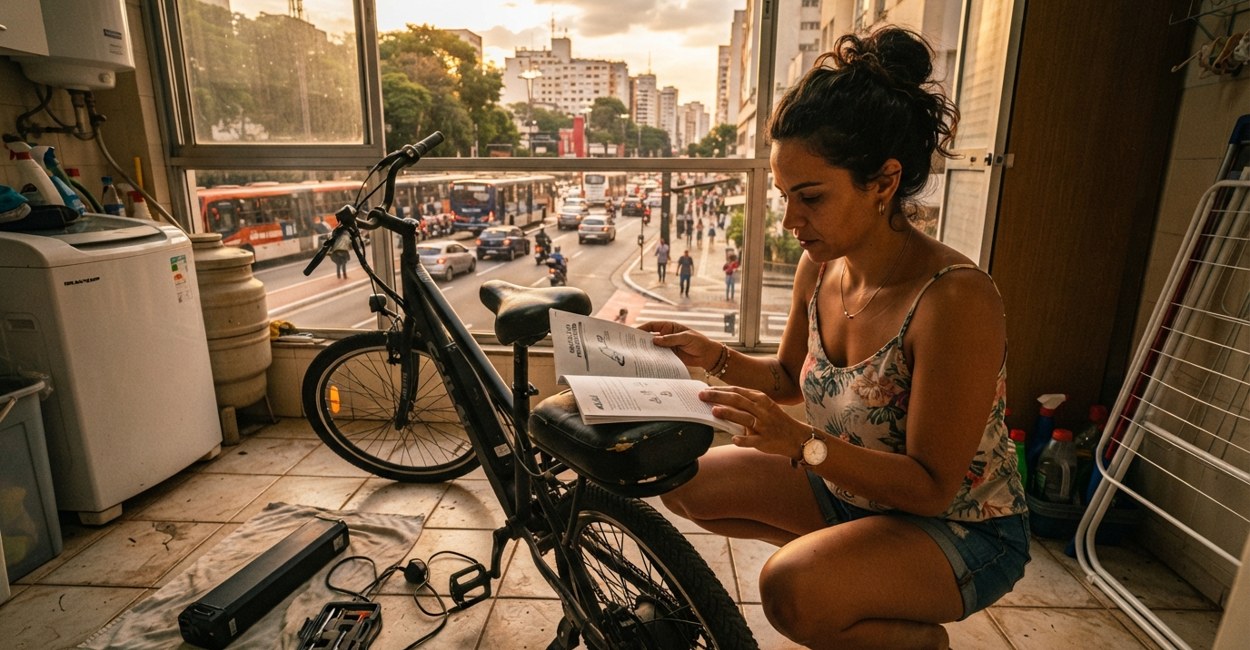 Mulher lê o manual da bike elétrica com a bateria removida ao lado, na área de serviço de casa