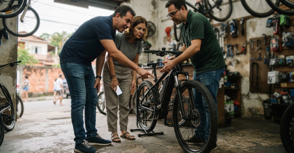 Casal conversa com o vendedor numa loja de bairro, apontando para a bateria de uma bike elétrica