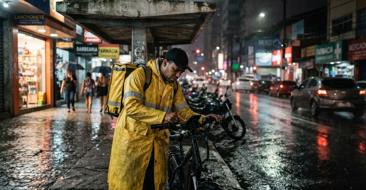 Entregador de capa de chuva amarela olha preocupado o display apagado da bike elétrica sob uma marquise em noite de chuva