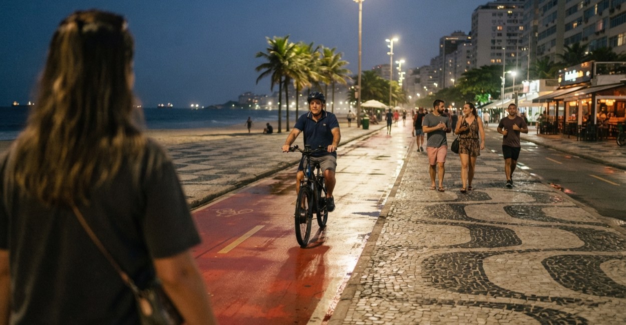 Ciclista de capacete pedala devagar uma bicicleta elétrica na ciclovia da orla, ao lado de pedestres no calçadão à noite