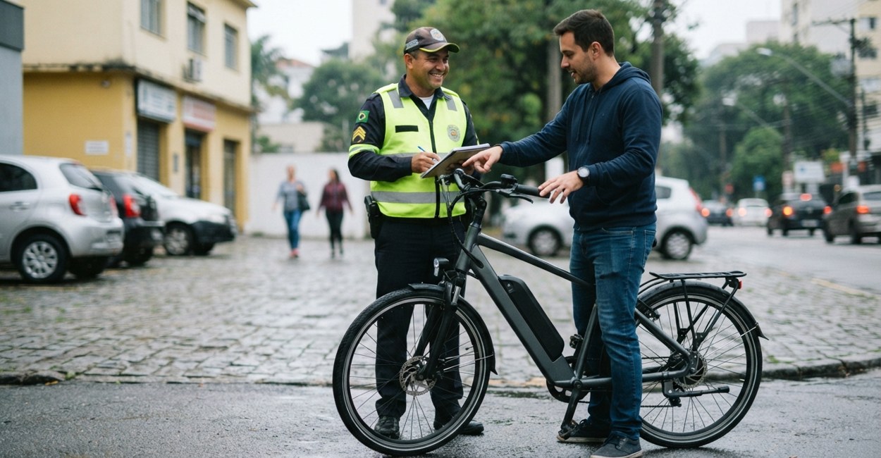Agente de trânsito sorridente conversa com rapaz que aponta para o guidão da bicicleta elétrica numa esquina de bairro