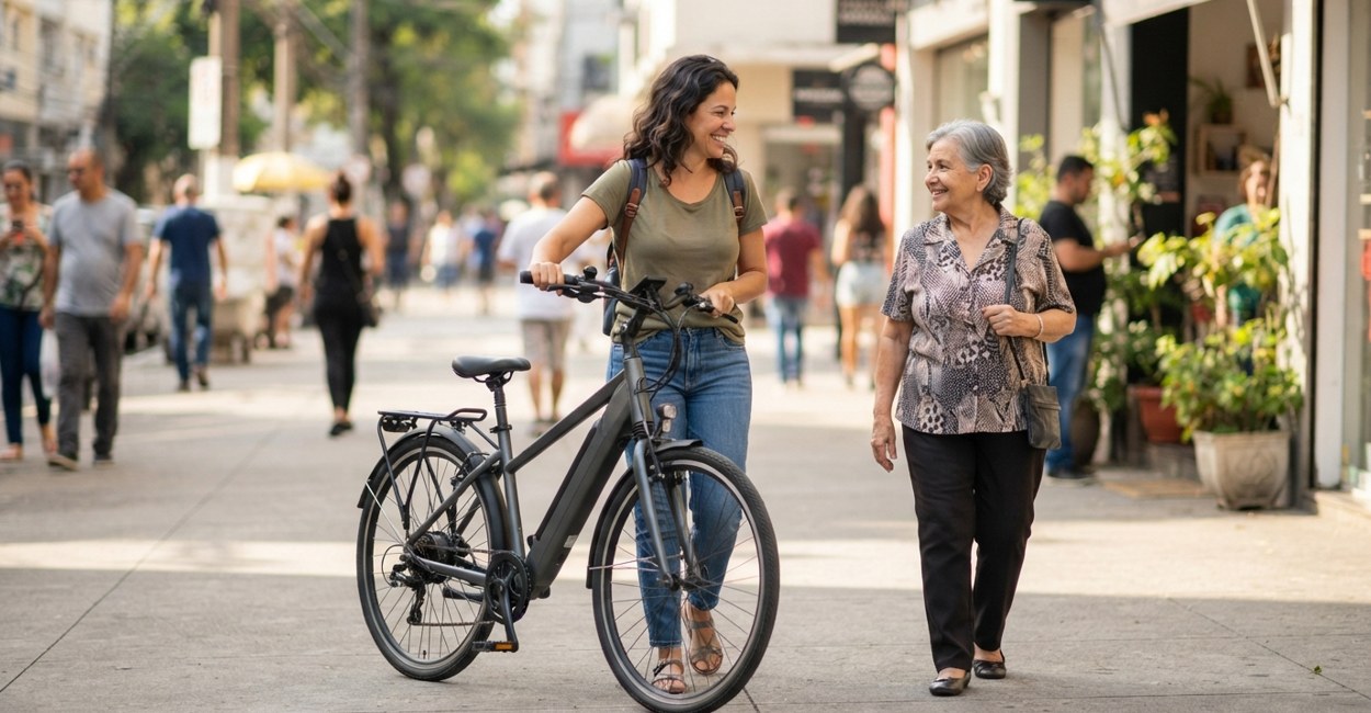 Mulher empurra a bicicleta elétrica pela calçada de um centro comercial e sorri para uma senhora que passa