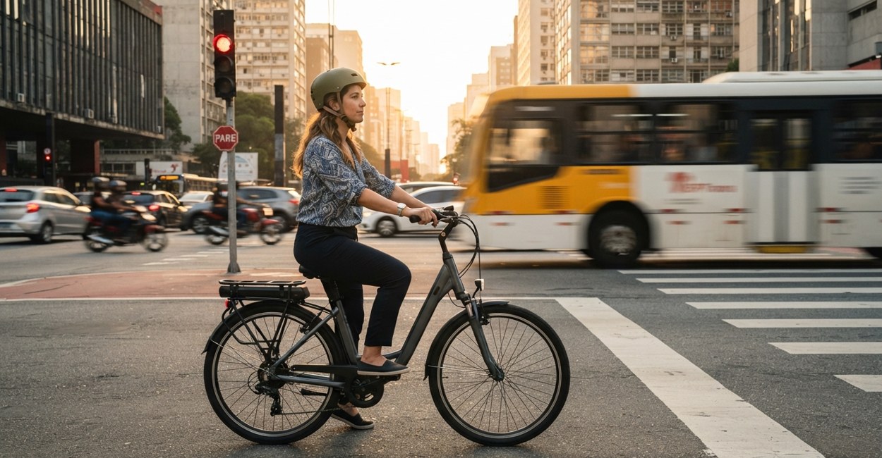 Mulher parada no sinal vermelho apoiada num pé ao lado da sua bike elétrica num cruzamento urbano