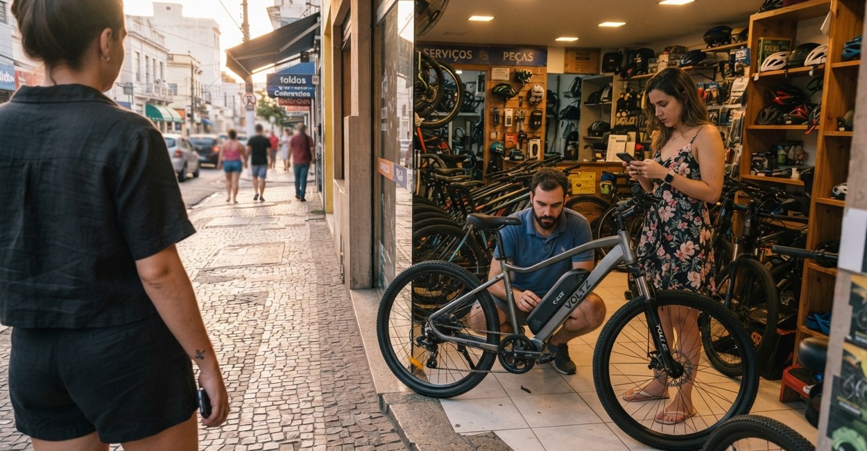 Casal em loja de bicicletas examina a região do pedal de uma bike elétrica e confere a ficha técnica no celular