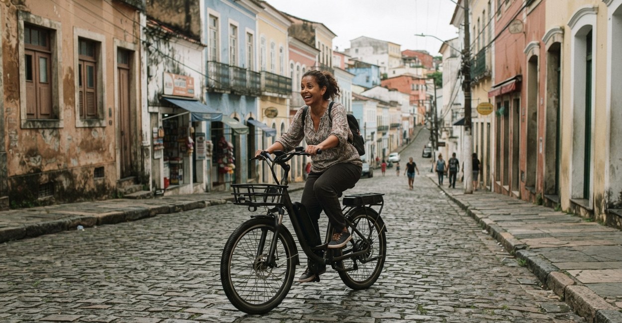 Ciclista de cerca de 40 anos sobe ladeira de paralelepípedo numa bike elétrica urbana e sorri surpreso