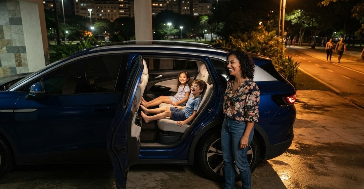 Mãe ao lado da porta traseira aberta de um carro elétrico com as crianças no banco de trás, à noite