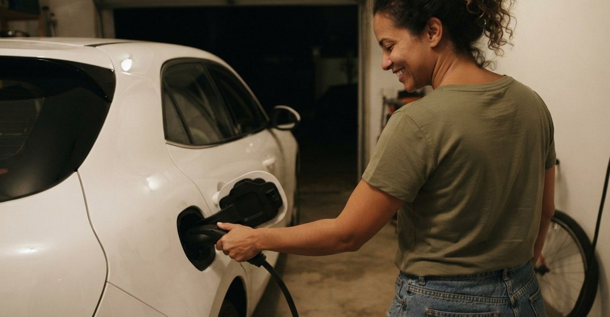 Mulher conecta o plugue de recarga num carro elétrico branco na garagem de casa