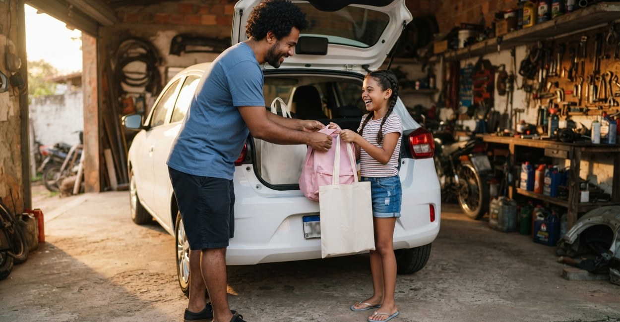 Pai e filha sorriem enquanto guardam sacolas de pano e uma mochila rosa no porta-malas pequeno de um hatch elétrico compacto na garagem