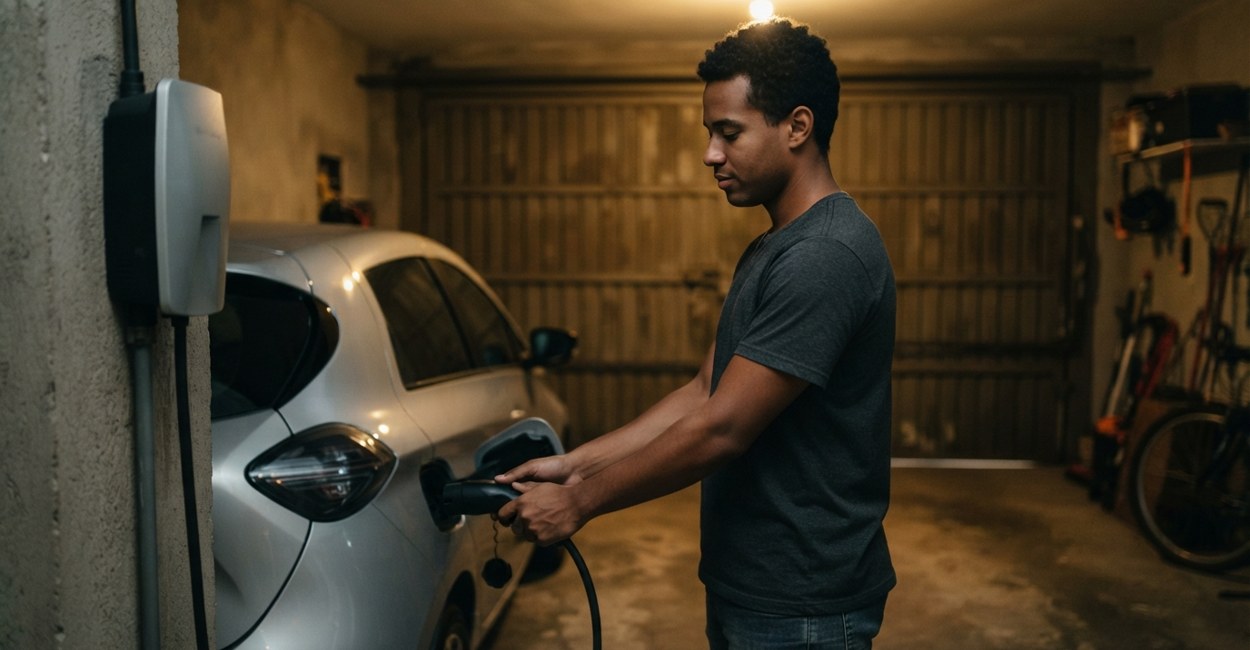 Rapaz encaixa o plugue de recarga num hatch elétrico compacto prata dentro da garagem de casa à noite, ao lado do carregador de parede