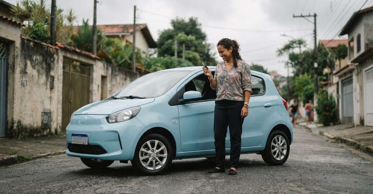 Mulher sorri ao lado de um hatch elétrico compacto azul-claro estacionado numa rua de bairro, com a chave na mão