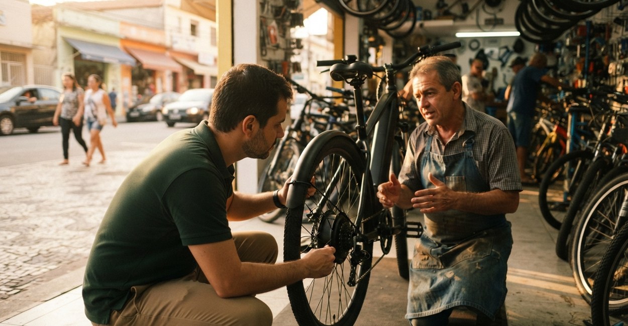 Homem agachado examina o cubo traseiro de uma bicicleta elétrica preta enquanto o vendedor explica numa loja de bicicletas