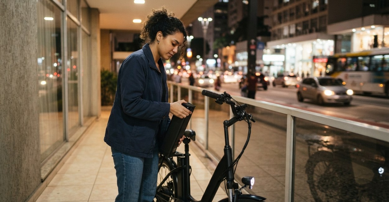 Jovem retira a bateria removível de uma bicicleta elétrica preta na entrada de um prédio à noite