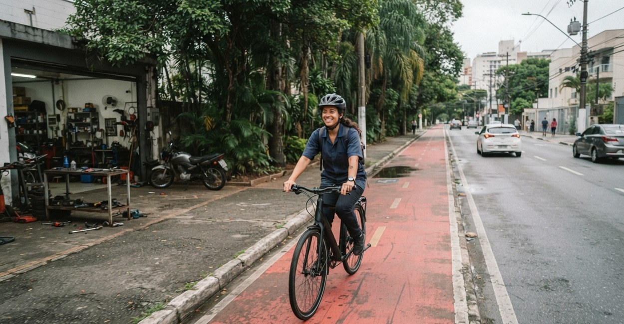 Mulher de capacete sorri pedalando uma bicicleta elétrica urbana preta numa ciclofaixa vermelha de avenida arborizada