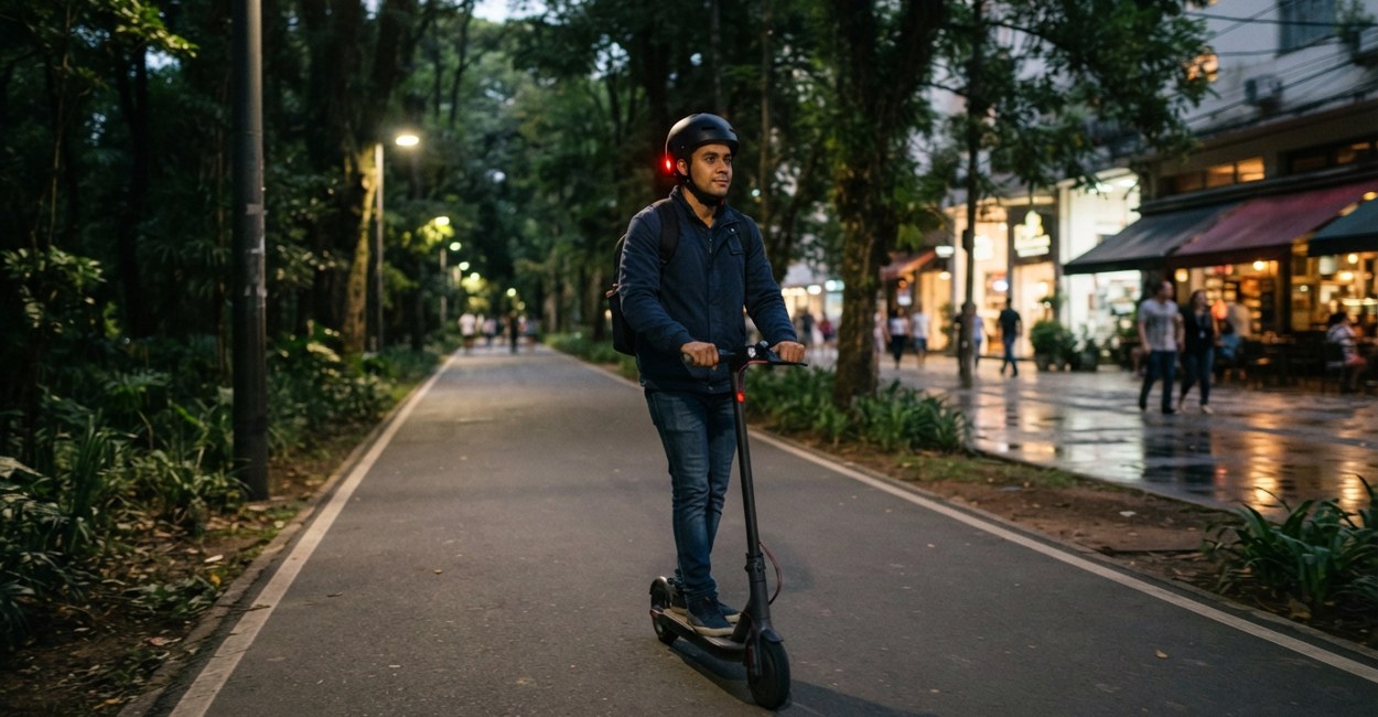 Homem de capacete com luz traseira acesa pilota devagar um patinete elétrico numa ciclovia arborizada à noite