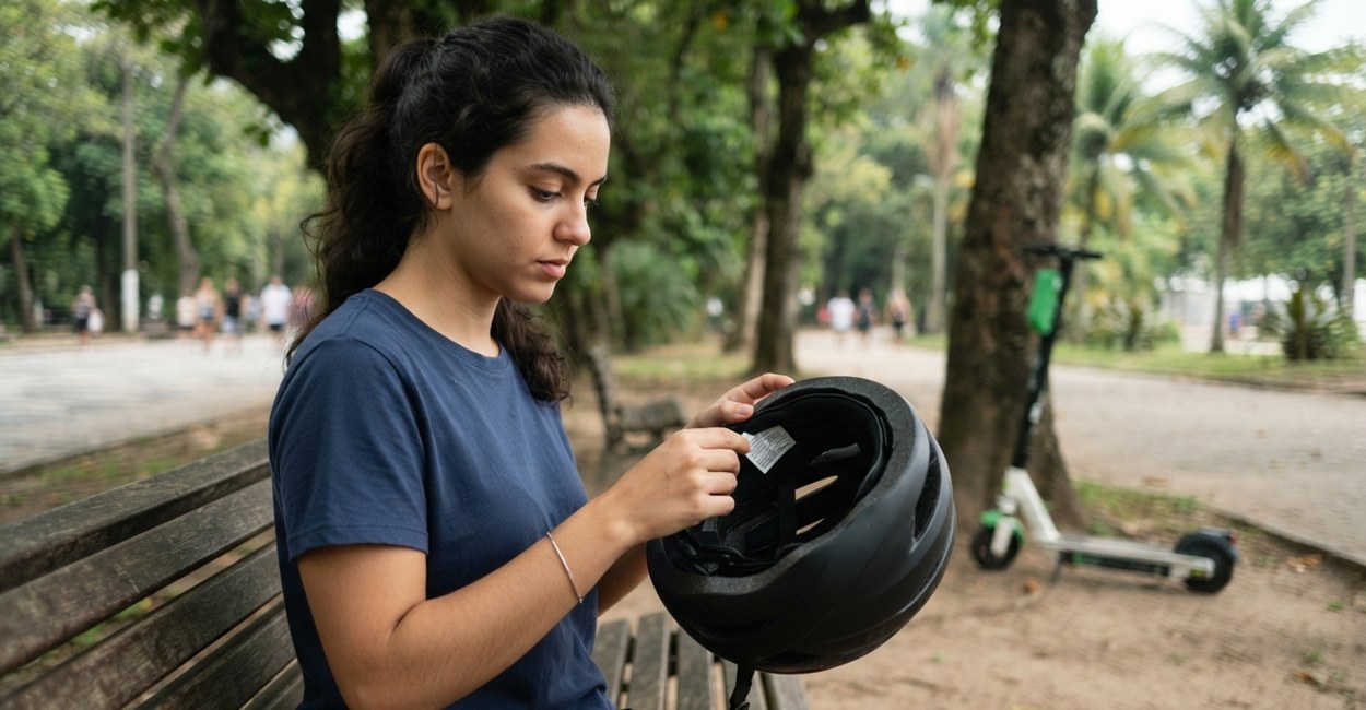 Jovem sentada num banco de parque vira o capacete de ciclismo para conferir a etiqueta interna, com o patinete ao fundo