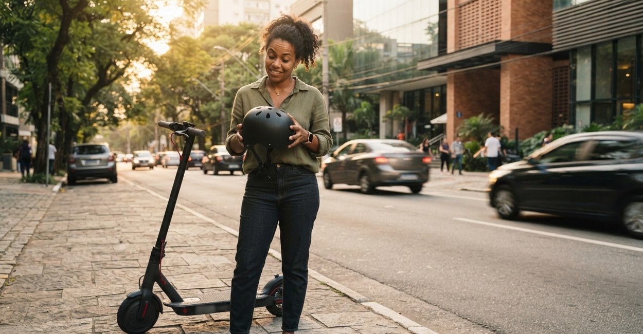Mulher segura um capacete de bicicleta ao lado do patinete elétrico numa rua arborizada e olha para ele em dúvida
