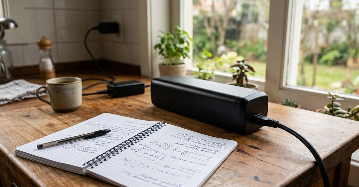 Fonte de carregador sobre a mesa ao lado de um caderno de anotações