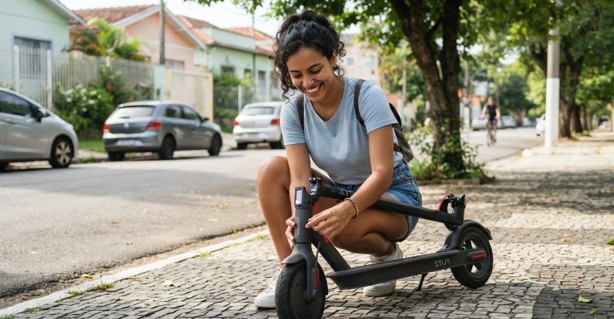Mulher agachada na calçada mexe no patinete elétrico e sorri