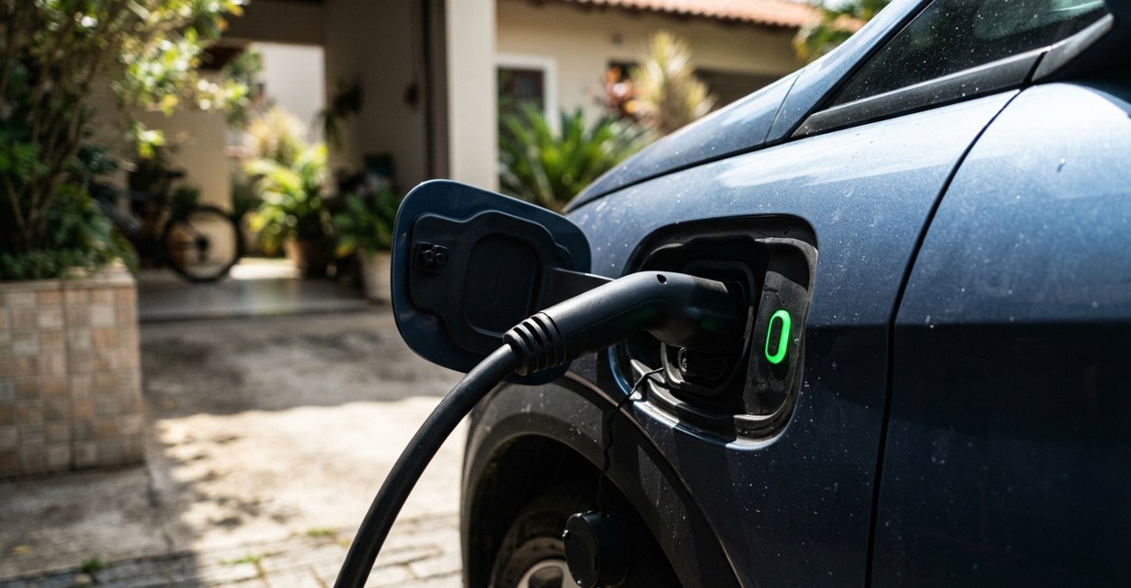 Cabo de recarga encaixado na entrada do carro eletrico