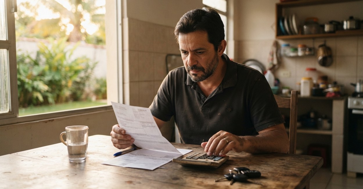 Homem faz as contas com a conta de luz e a chave do carro na mesa