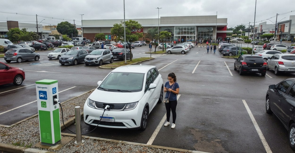 Carro eletrico compacto recarregando em estacionamento de supermercado