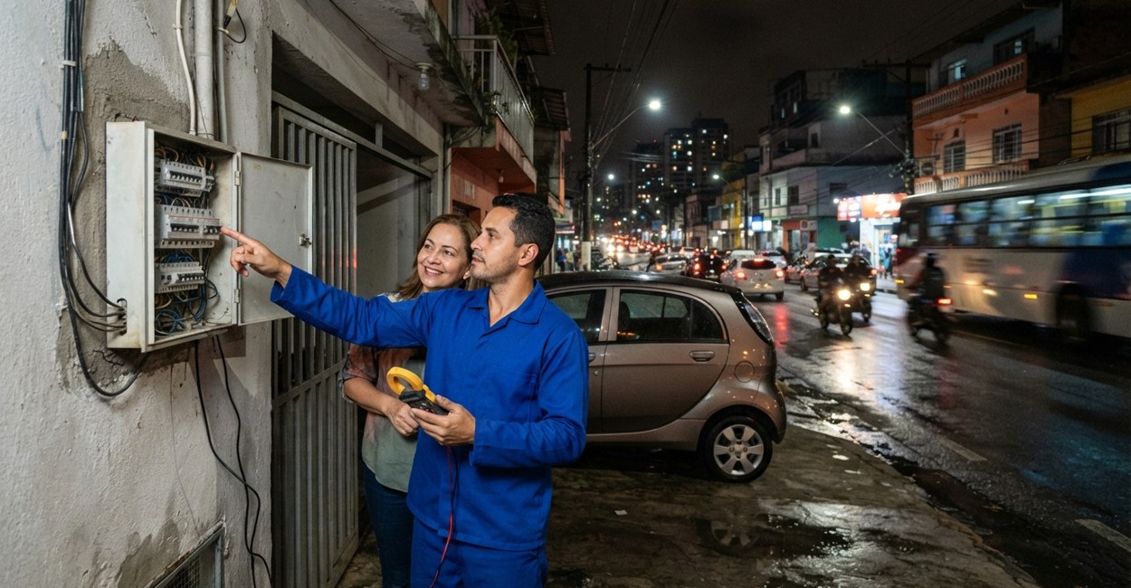 Eletricista aponta um disjuntor no quadro de luz da casa e mostra à moradora, com o carro elétrico estacionado ao lado