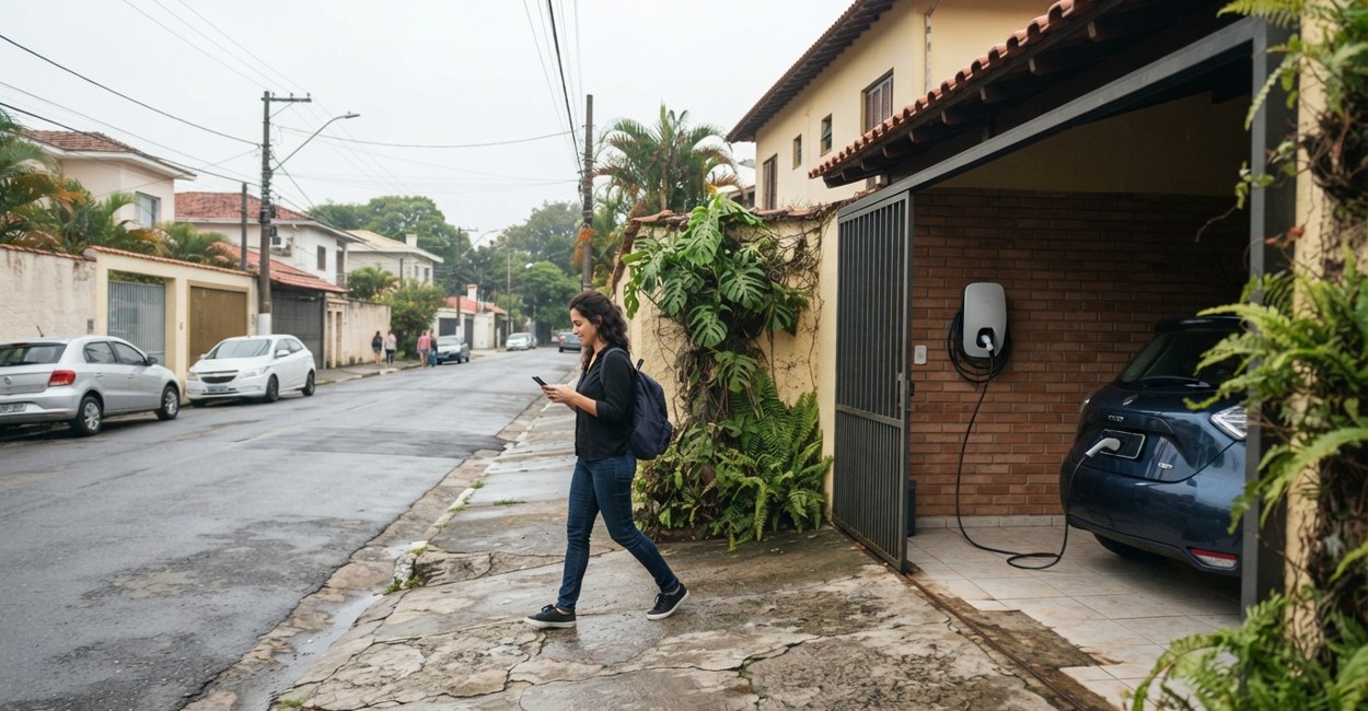 Jovem sai para o trabalho pela calçada enquanto o carro elétrico termina de carregar no carregador de parede da garagem