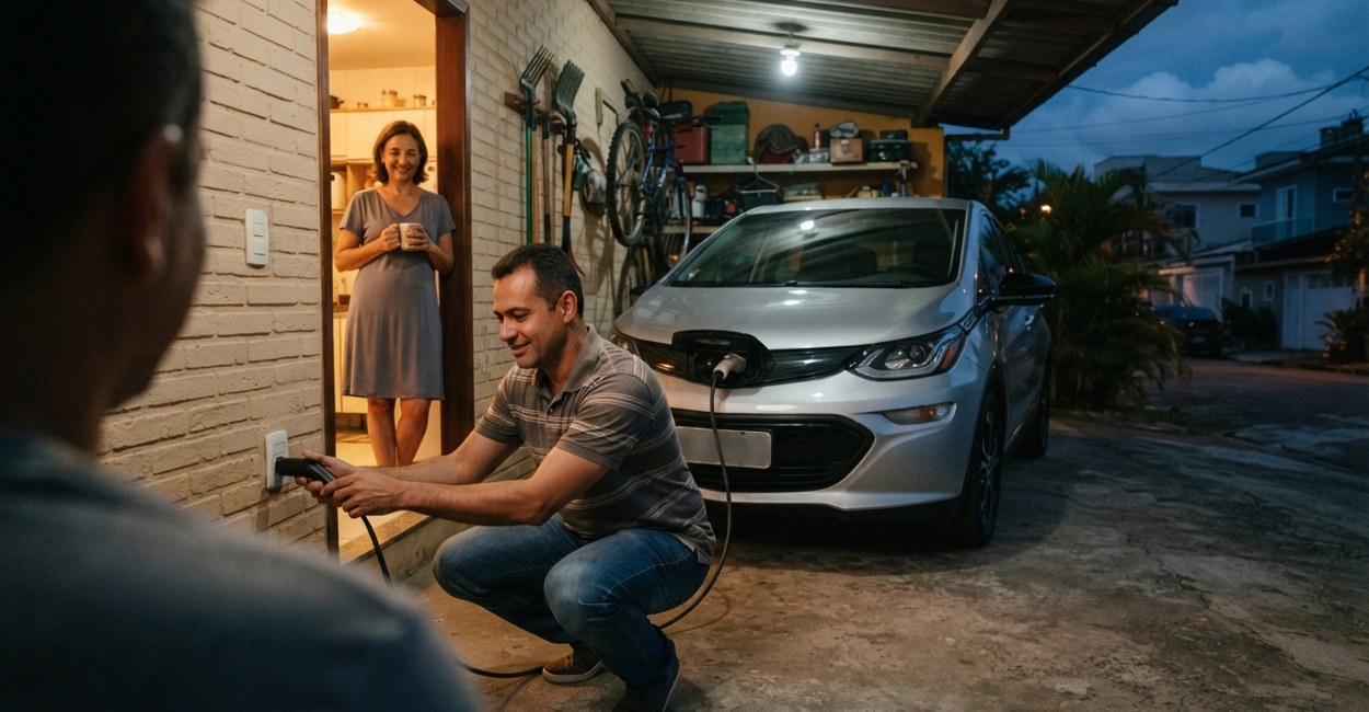 Homem agachado liga o cabo de recarga do carro elétrico na tomada da garagem enquanto a esposa observa da porta da cozinha