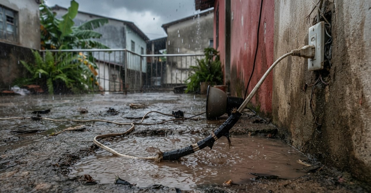 Extensão elétrica gasta caída numa poça ao lado de uma tomada externa sem tampa durante a chuva