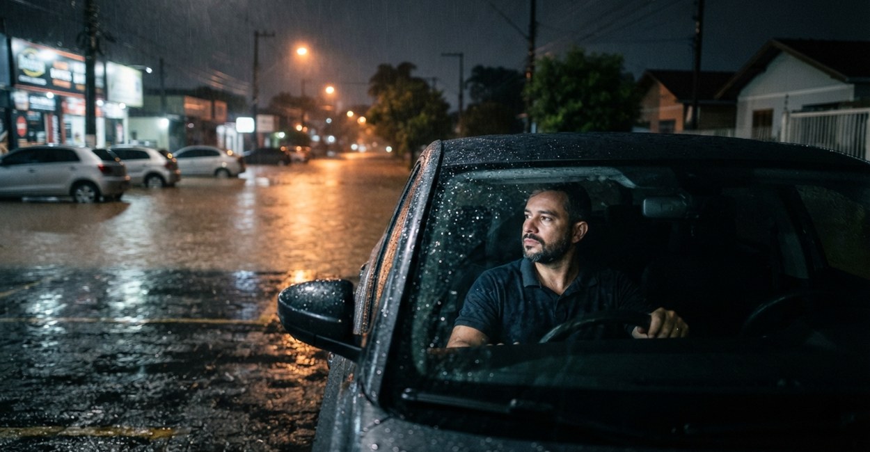 Motorista para o carro elétrico antes de uma rua alagada e espera a água baixar durante o temporal