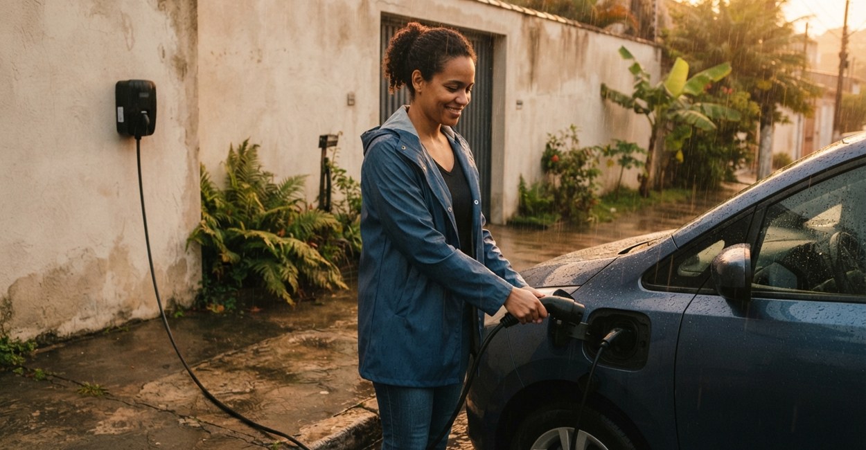 Mulher de capa de chuva conecta o cabo de recarga ao carro elétrico na frente de casa durante chuva forte