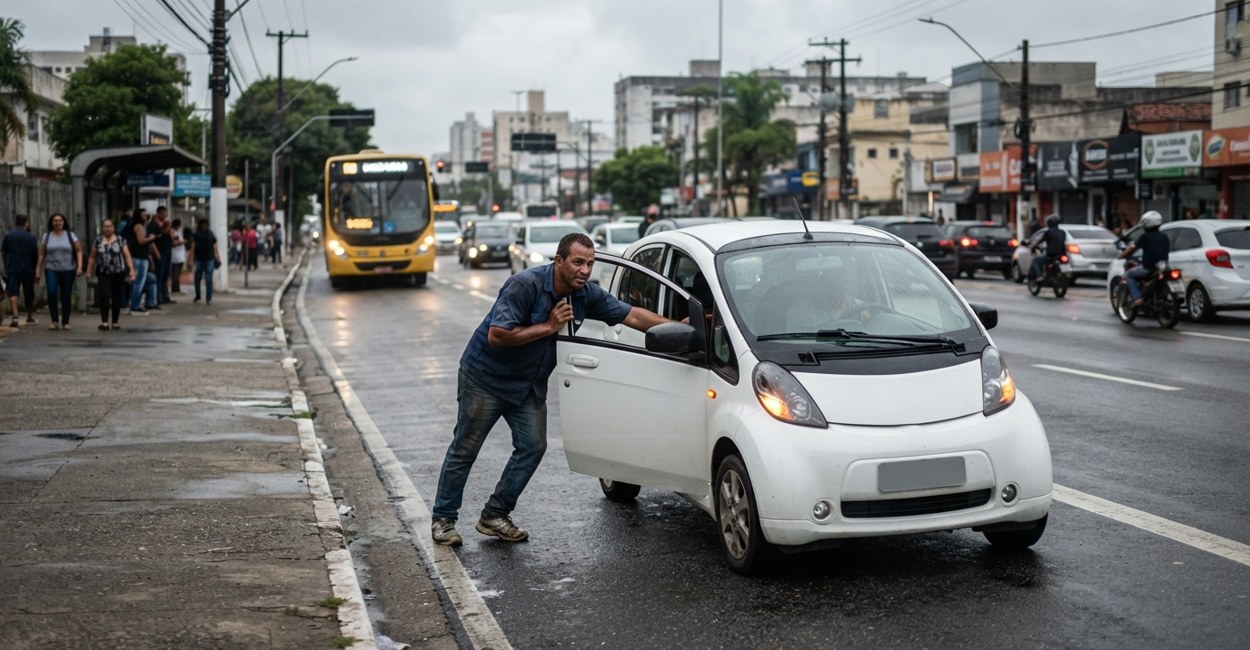 Homem empurra carro elétrico com pisca-alerta aceso para o acostamento de uma avenida