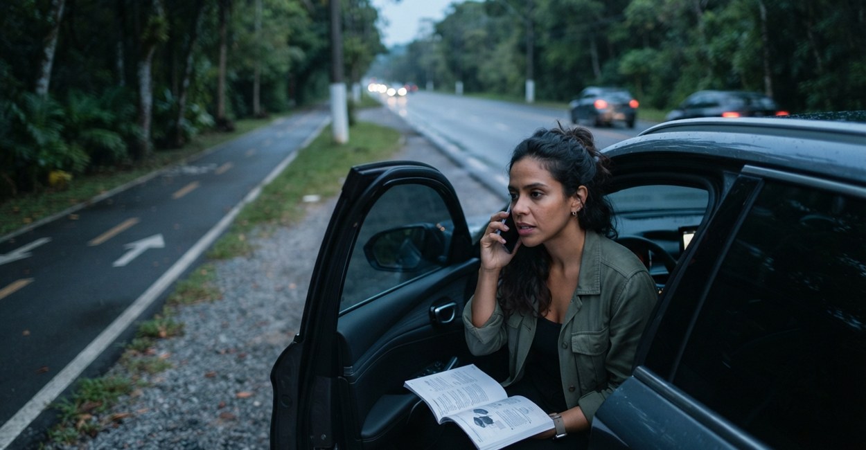 Mulher sentada no carro elétrico parado no acostamento fala ao celular enquanto consulta o manual do proprietário