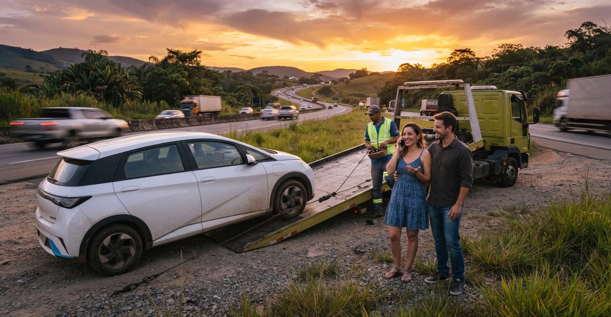 Casal no acostamento observa carro elétrico compacto subir na rampa de um guincho plataforma ao entardecer