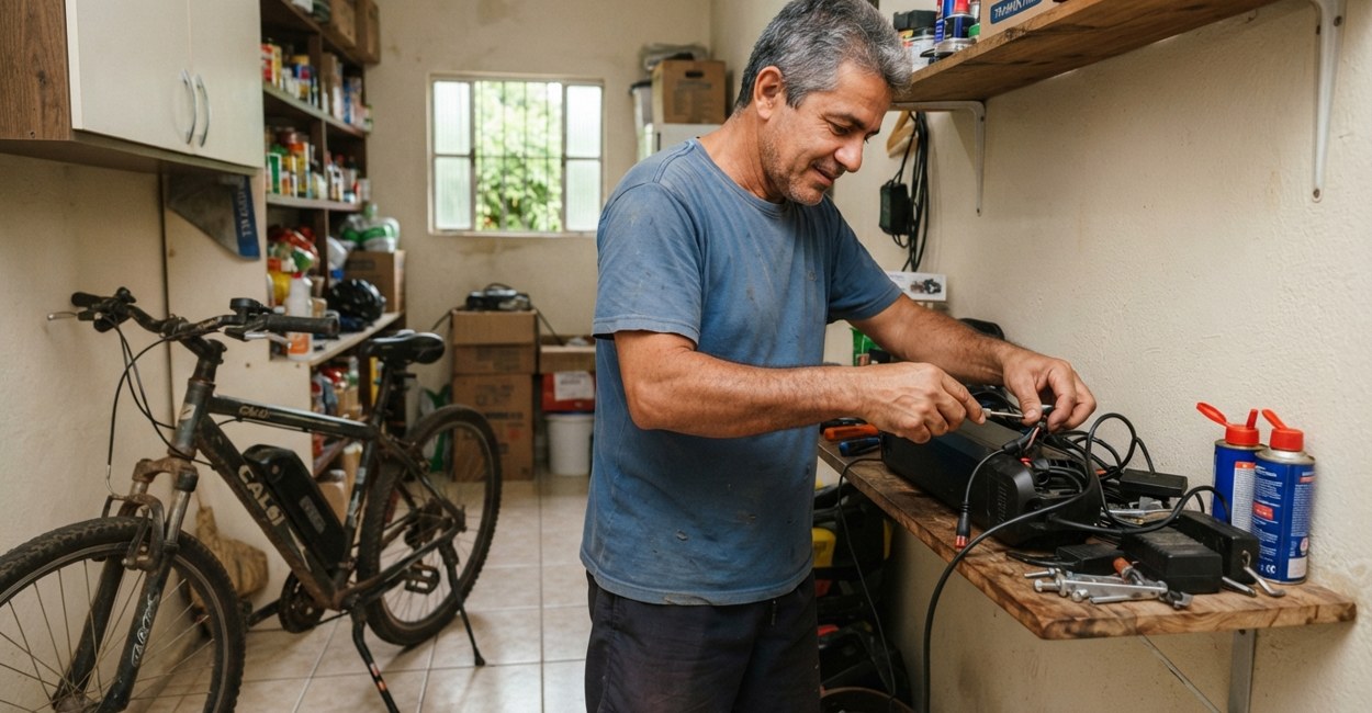 Homem guarda a bateria retirada da bike elétrica numa prateleira de despensa seca e arejada