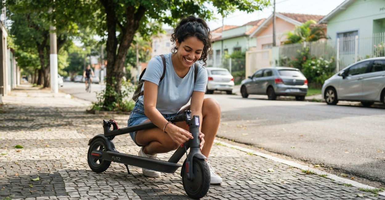 Jovem confere o painel aceso e os pneus do patinete elétrico antes do primeiro passeio depois da parada