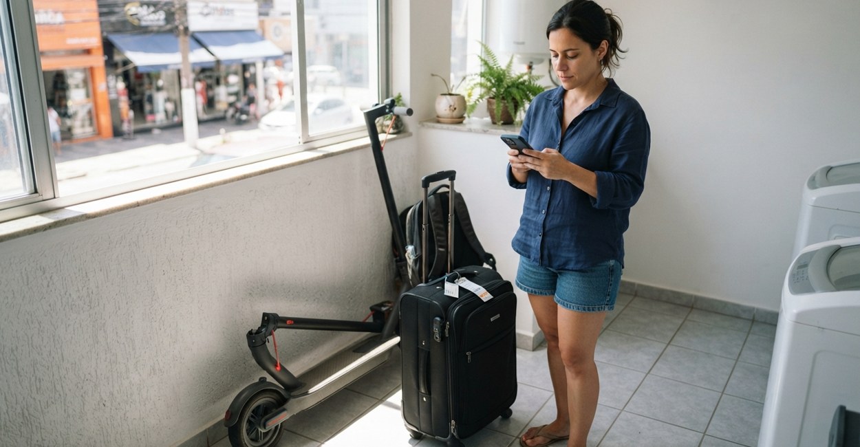 Mulher com mala de viagem confere lembrete no celular ao lado do patinete elétrico dobrado na área de serviço
