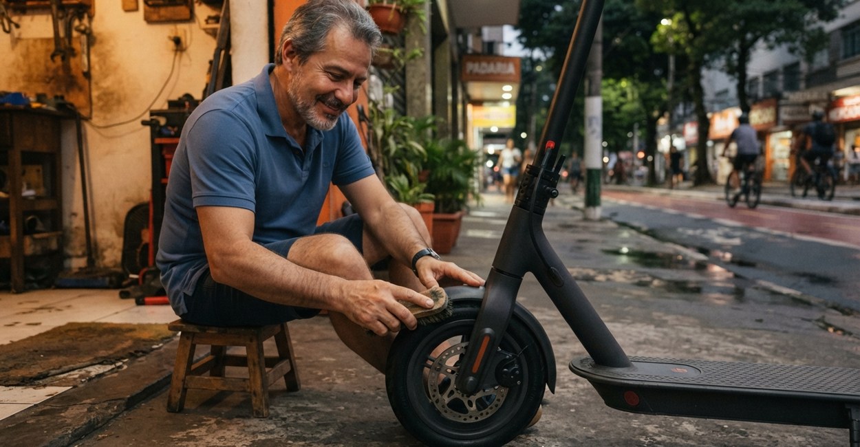 Homem sentado na garagem confere o pneu dianteiro de um patinete elétrico recém-limpo com uma escova velha na mão