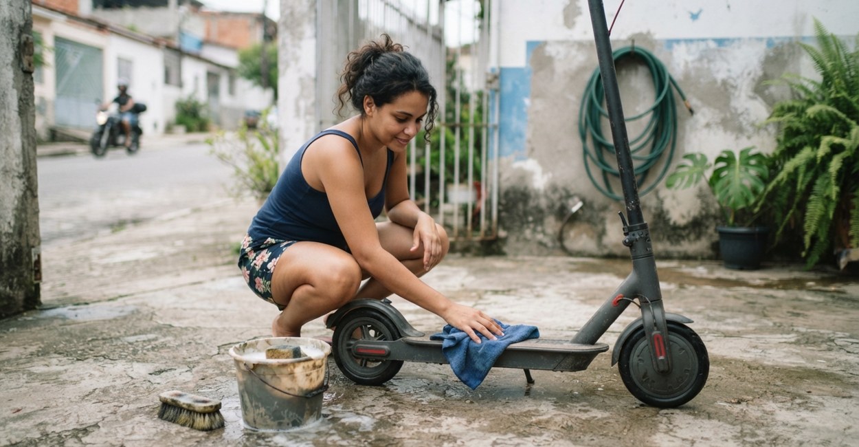 Mulher agachada limpa com pano úmido o deck de um patinete elétrico apoiado no descanso, com balde e escova ao lado