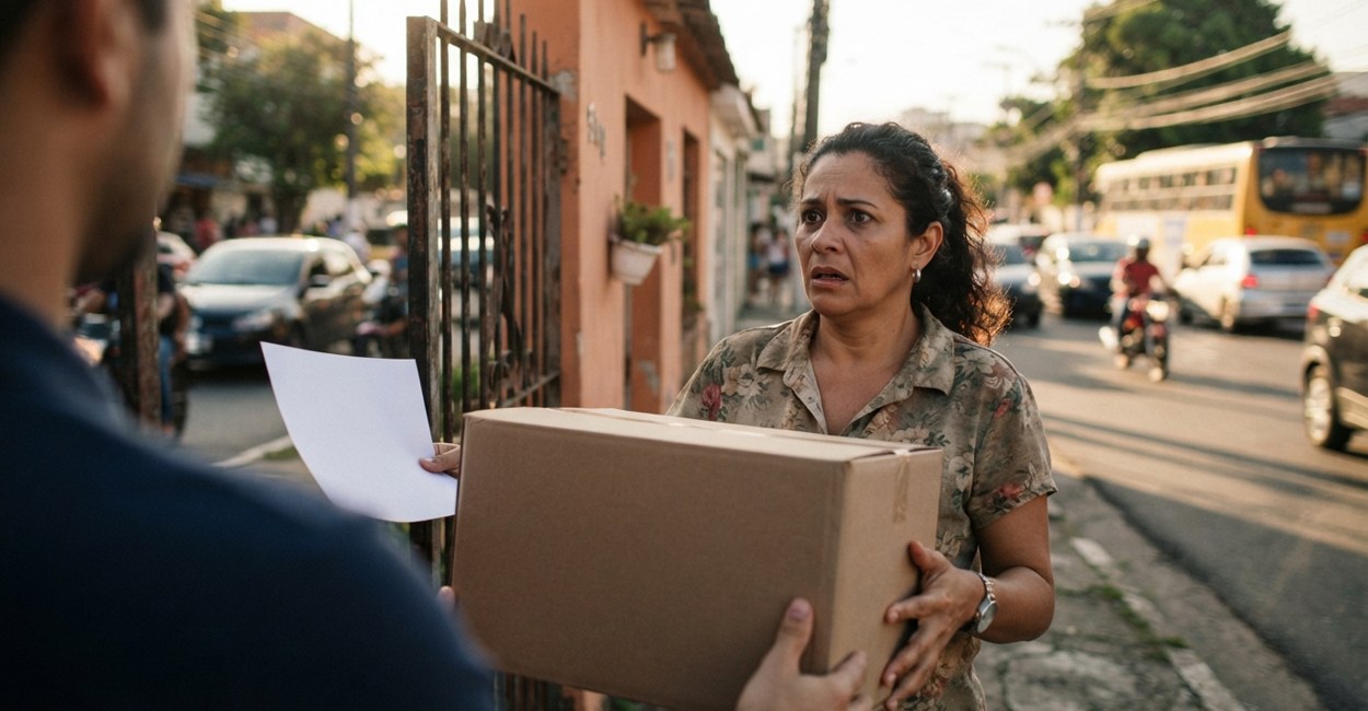 Mulher no portão de casa recebe uma caixa grande de papelão e olha preocupada para o papel da cobrança