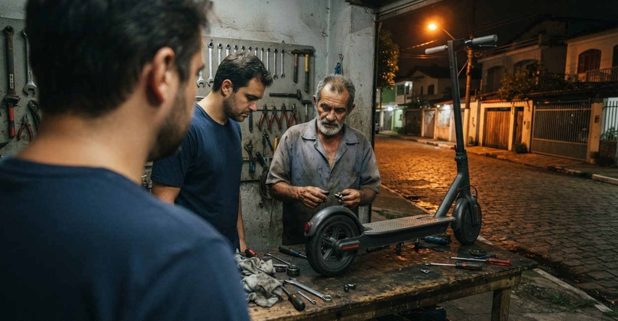 Homem e mecânico olham a roda de um patinete elétrico sobre a bancada de uma oficina de bairro à noite