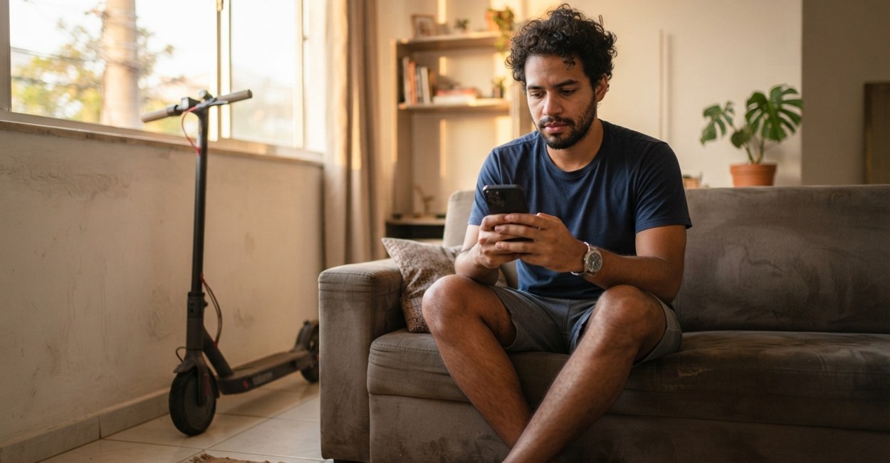 Jovem sentado no sofá olha um anúncio no celular, desconfiado, com um patinete elétrico encostado na parede da sala