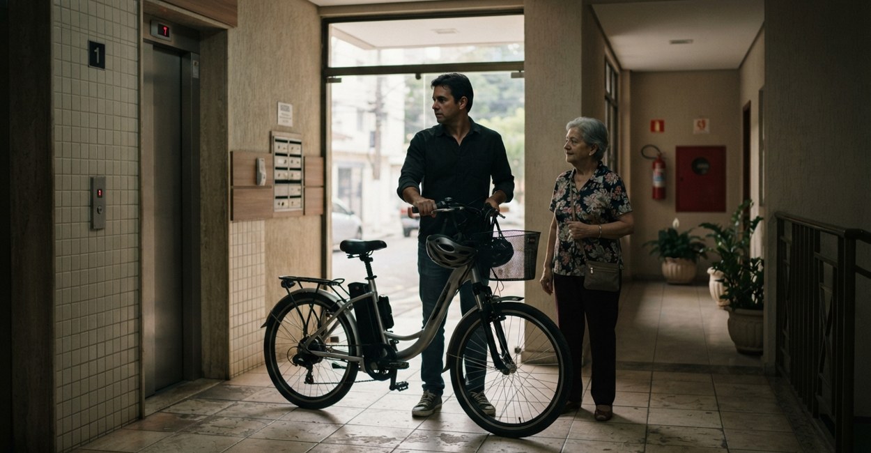 Morador espera o elevador do prédio com a bicicleta elétrica enquanto a vizinha observa