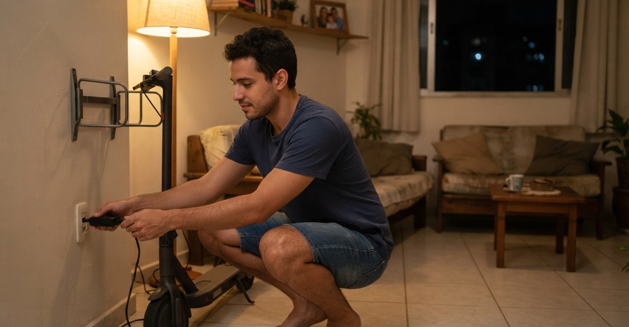 Rapaz liga o carregador do patinete elétrico na tomada da sala do apartamento