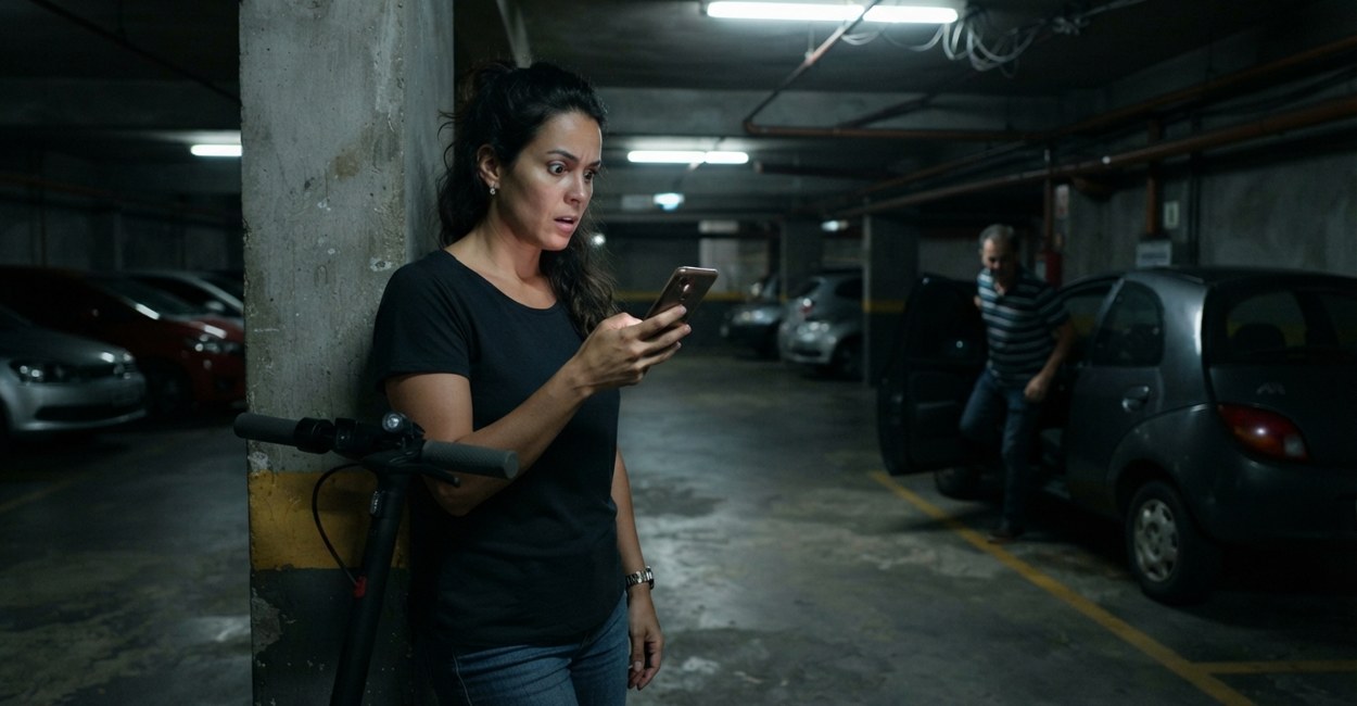 Moradora lê no celular o aviso do condomínio sobre patinete elétrico na garagem do prédio