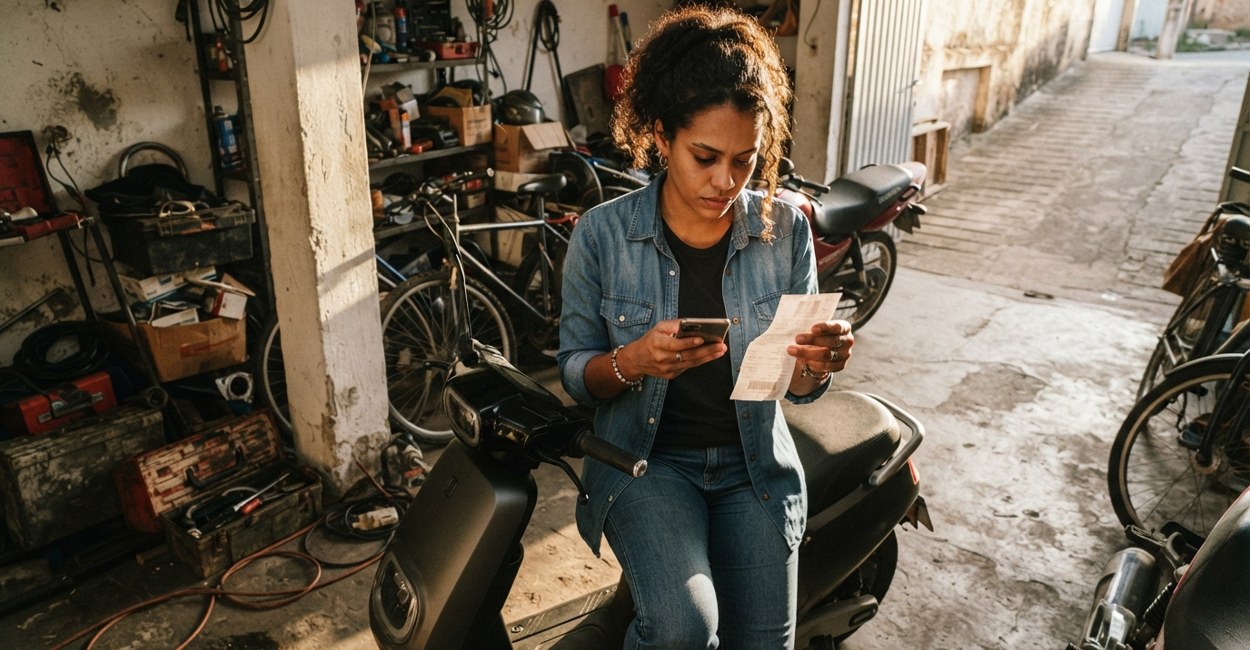 Mulher sentada na scooter elétrica confere a nota fiscal e o celular na garagem de casa