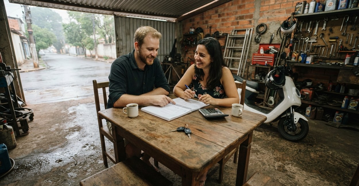 Casal faz as contas do primeiro ano da scooter elétrica na mesa da cozinha com caderno e calculadora