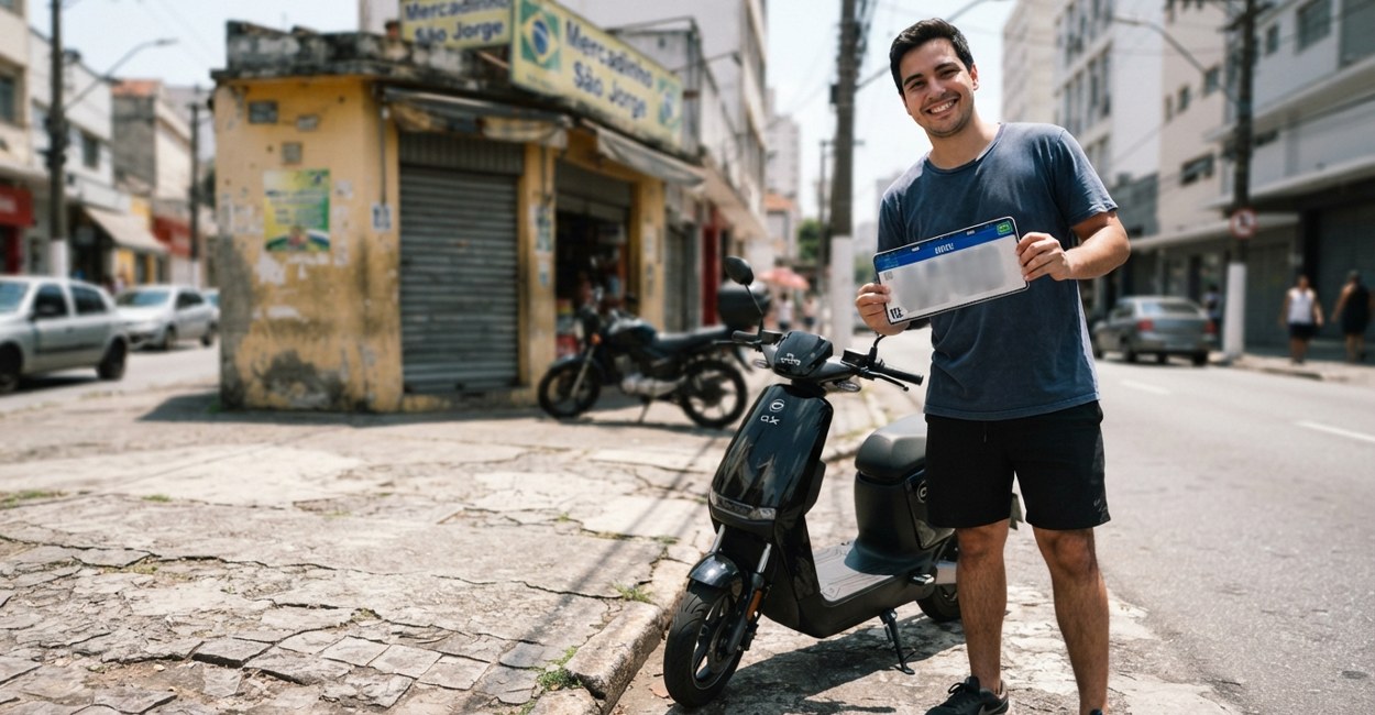 Rapaz sorri segurando a placa recém-estampada ao lado da scooter elétrica nova em frente a uma loja de bairro em São Paulo